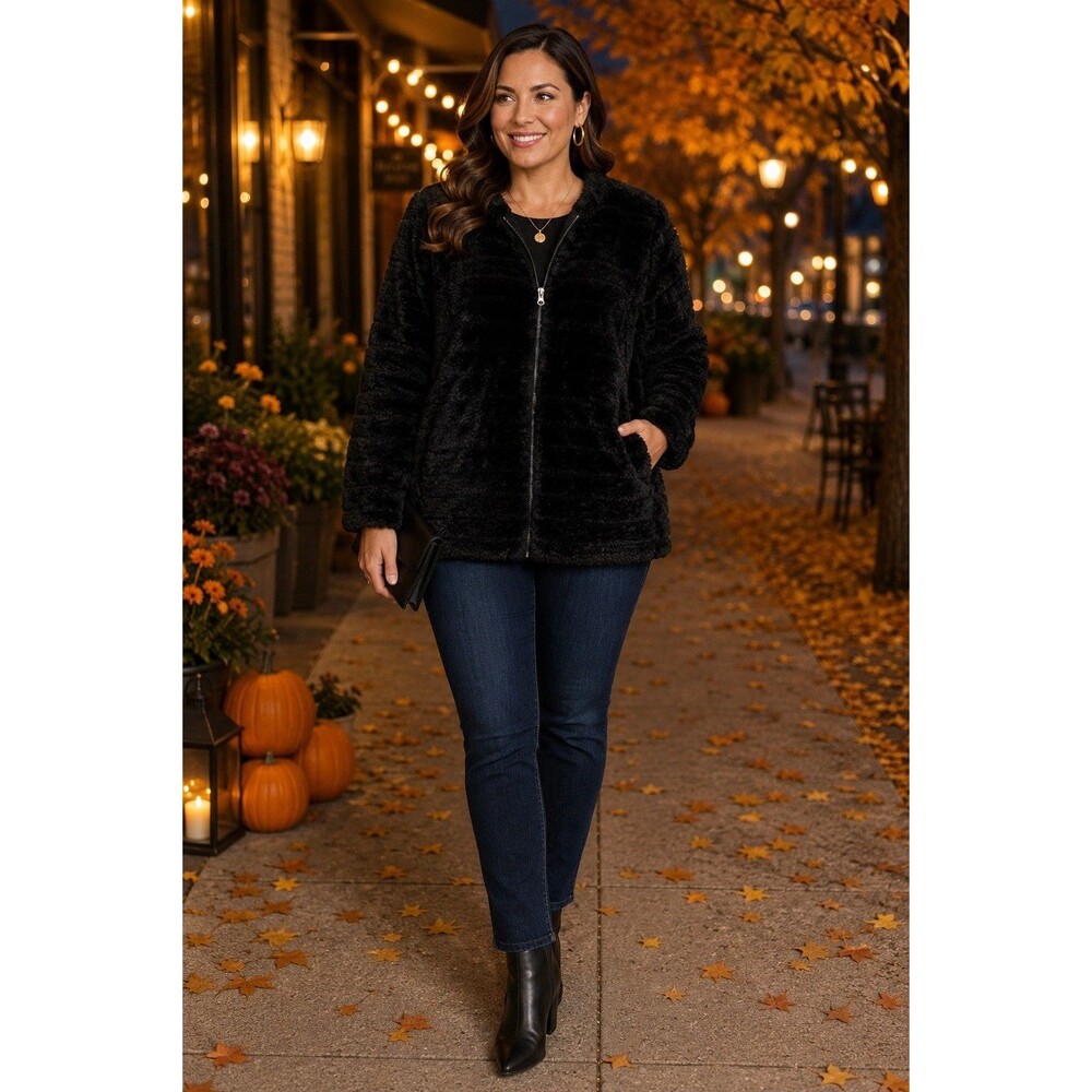 Katydid Women’s XL Black Faux Fur Plush Zip Front Jacket Cozy Lined Winter Coats